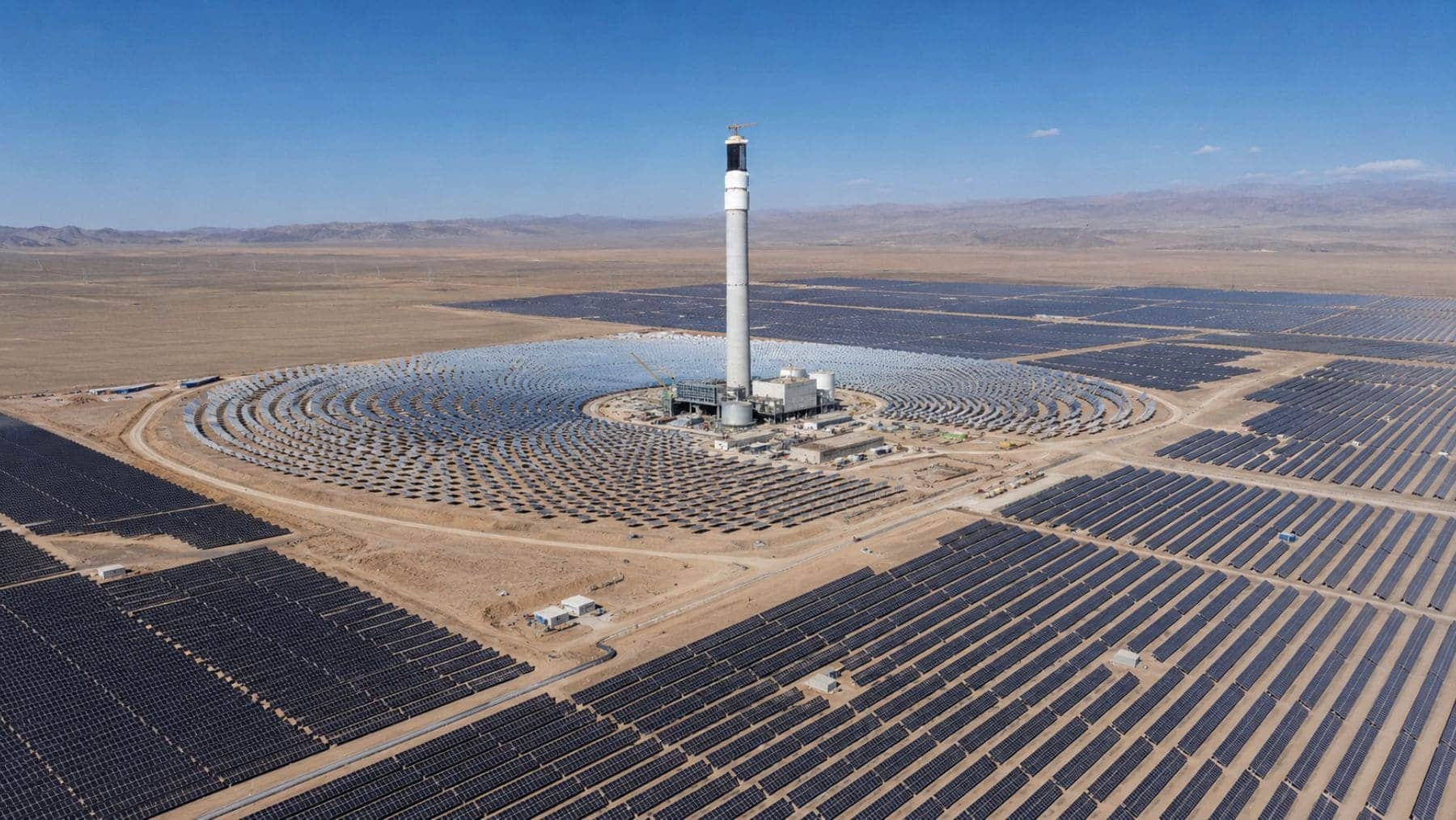Cinco campos de placas de día, torres llenas de sal fundida para la noche y un objetivo extra que nadie esperaba, frenar el desierto: así es la planta solar híbrida de 1.500 megavatios que China levanta en pleno Xinjiang