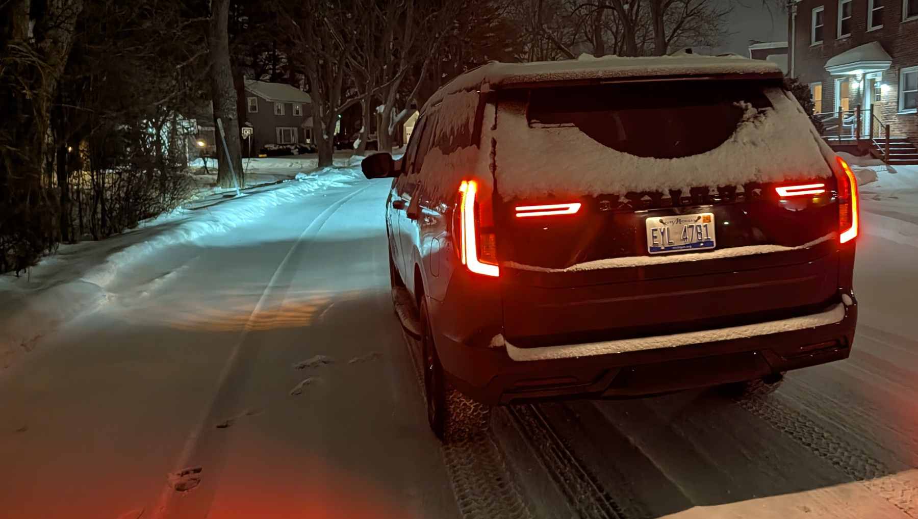 Rear view of a Ford Expedition Tremor in heavy snow
