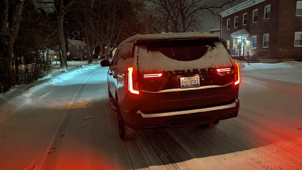 Rear of a ford expedition in a winter storm