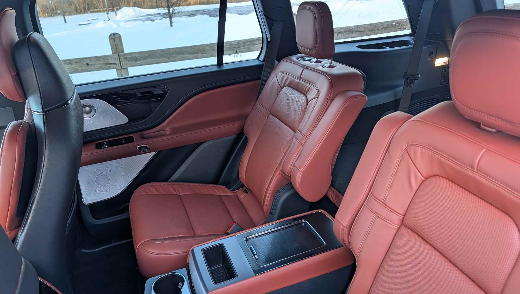 the 2026 Lincoln Aviator's second row captain's chairs in red leather