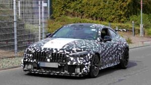 A Camouflaged Mercedes Mythos CLE prototype testing at the Nürburgring,