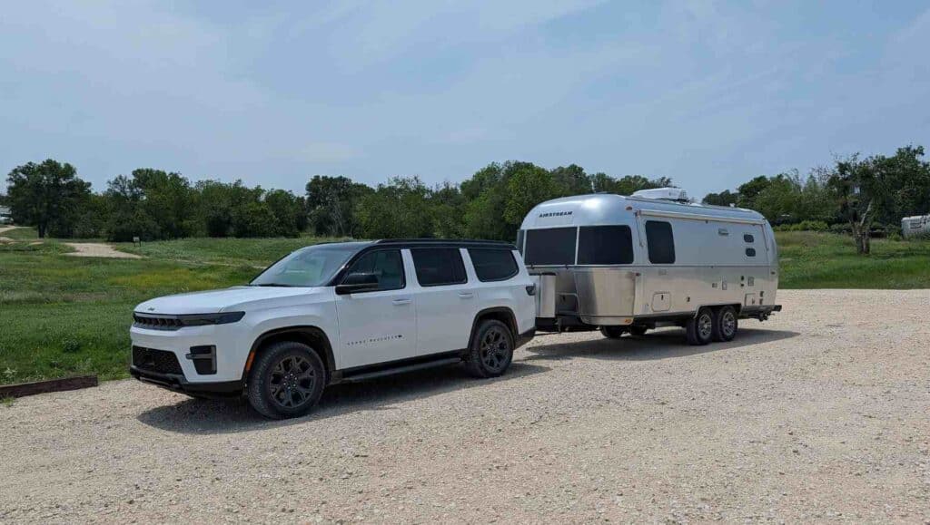 the 2026 Jeep Grand Wagoneer towing an airstream trailer