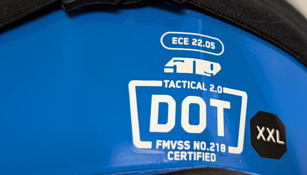 The back of an ECE 22.05 compliant helmet