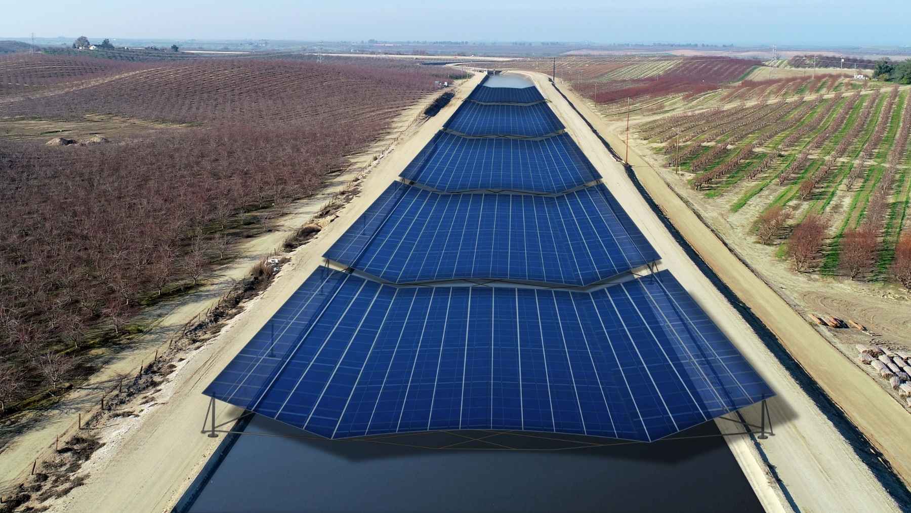California just roofed two irrigation canals with solar panels that make electricity and cut the evaporation off the water underneath by up to 70 percent, and if it covered all 4,000 miles of its canals the model says it would save 63 billion gallons of water a year