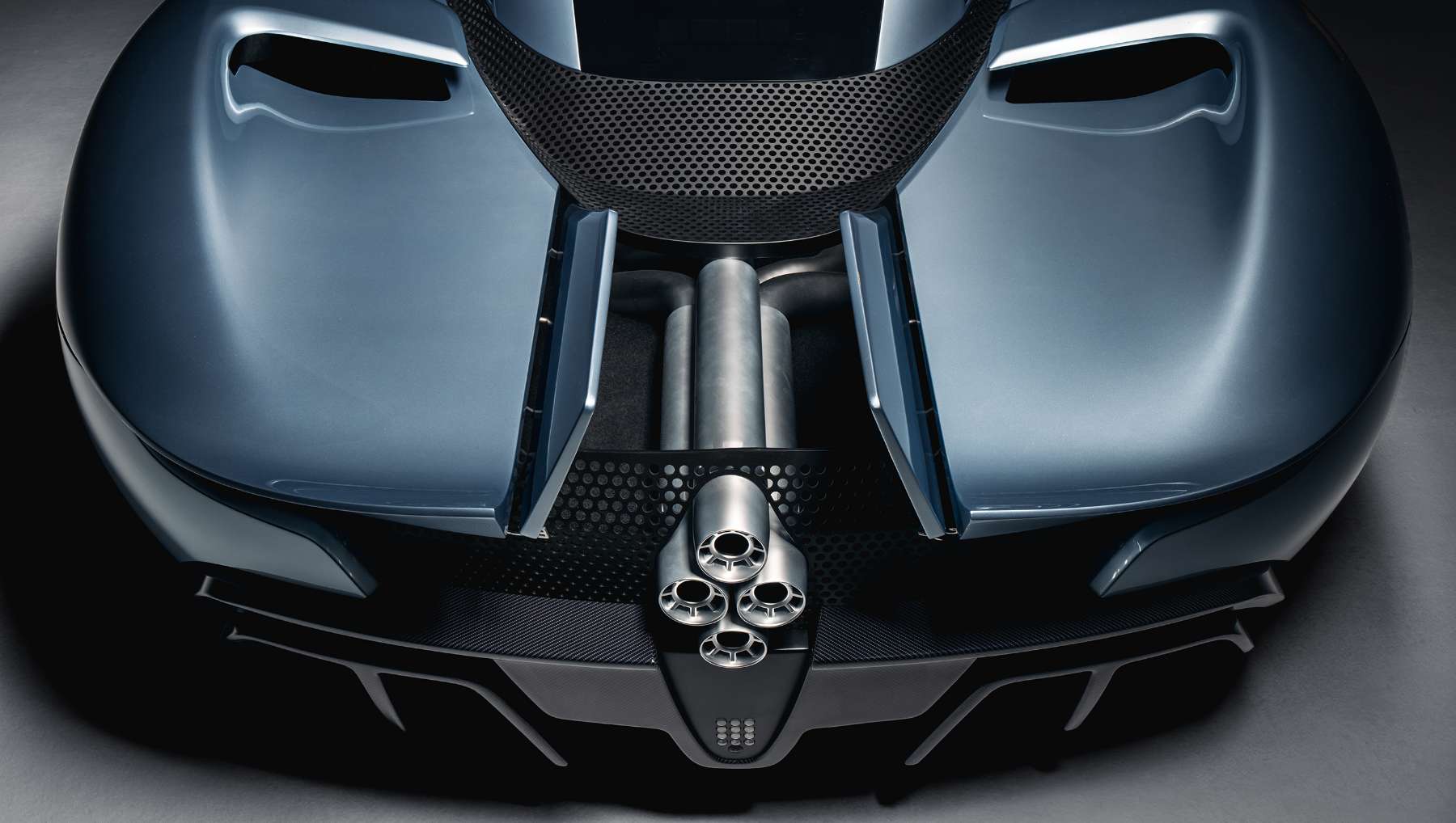 Top down view of the rear of a a Hennessey Blackbird hypercar