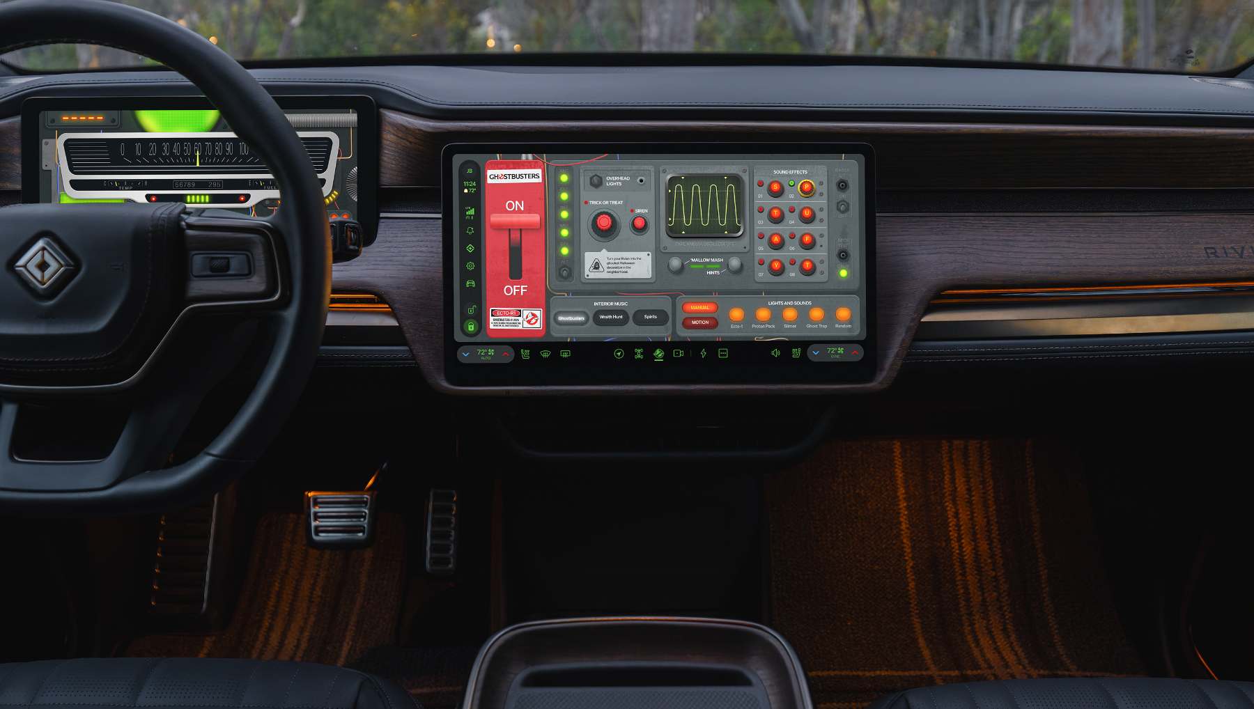 The dash of a Rivian R1 with the Ghostbusters Halloween update
