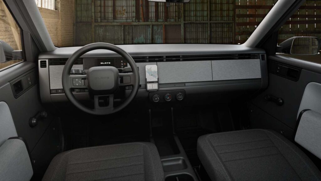 The Slate truck's dashboard with a phone mounted