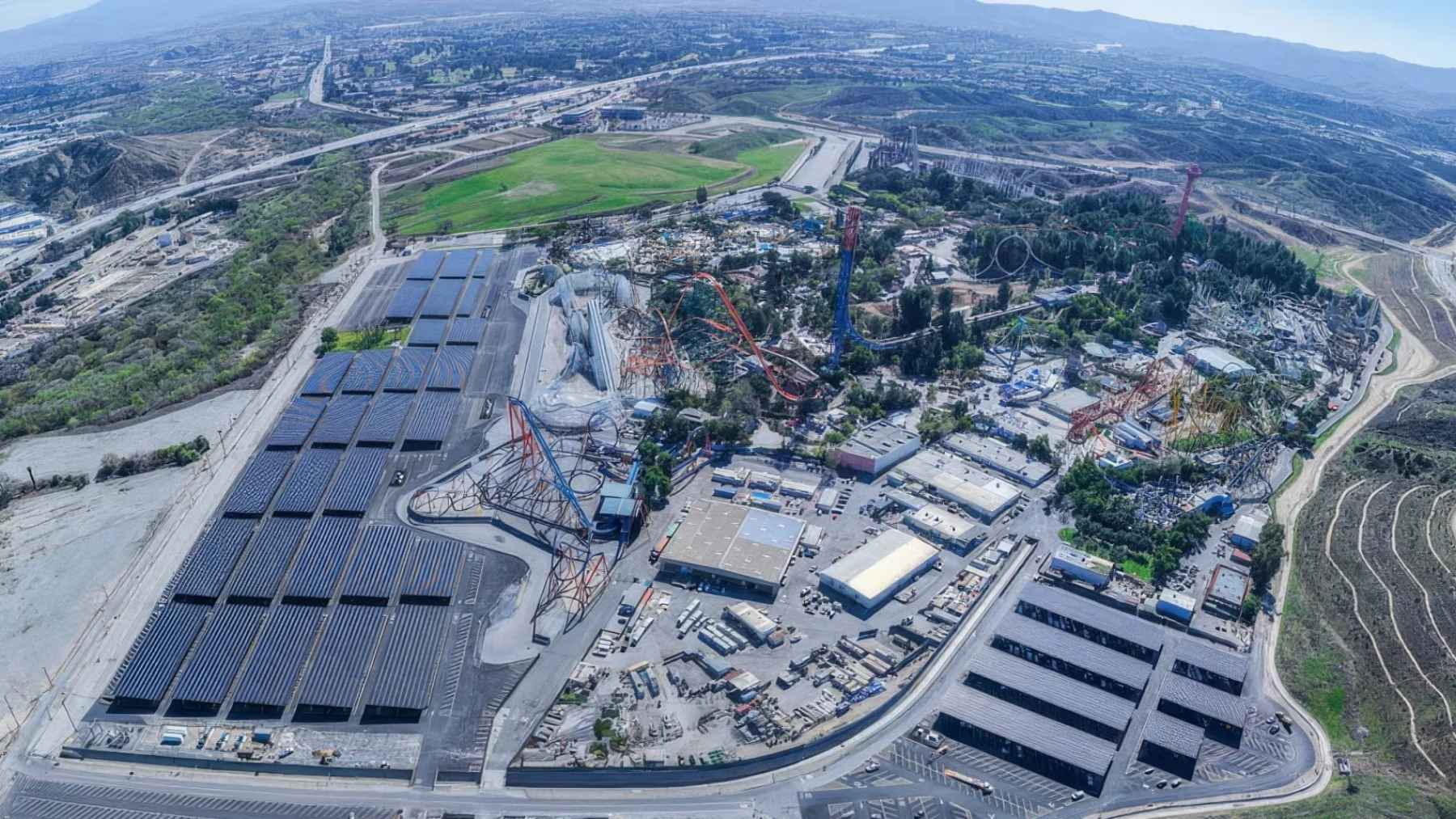 22,908 solar panels now shade 4,315 parking spaces at a California theme park, sized to cover a year of power for the park and the water park next door, and when the utility cuts the valley’s lines for wildfire risk the array shuts off too