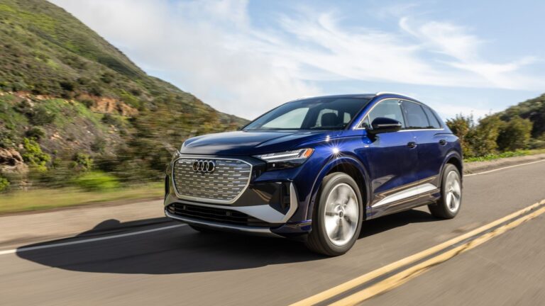 2026 Audi Q4 e-tron in blue, front three-quarter view