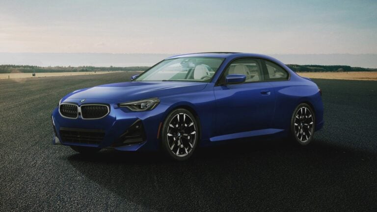 2026 BMW 2 Series Coupe in blue, front three-quarter view