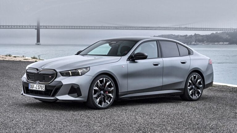 2026 BMW i5 M60 xDrive in matte gray, front three-quarter view