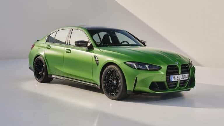 2026 BMW M3 Competition Sedan in Isle of Man Green, front three-quarter view