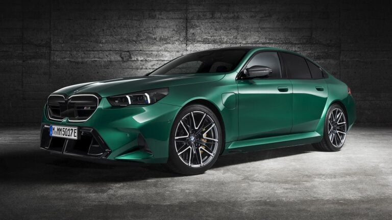 2026 BMW M5 in green, front three-quarter view