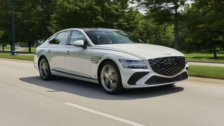 2026 Genesis G80 in white, front three-quarter view