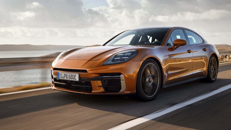 2026 Porsche Panamera Turbo E-Hybrid in Roma Gold, front three-quarter view