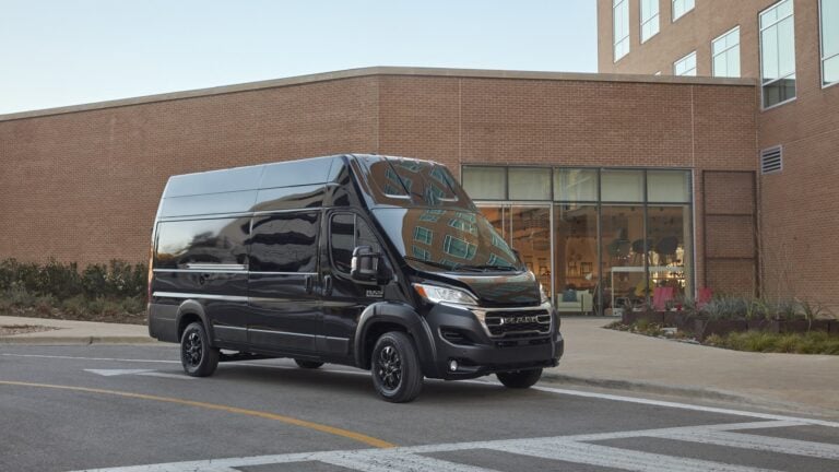 2025 Ram ProMaster super high roof in black, front three-quarter view