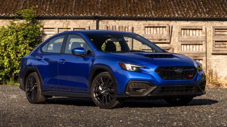 2026 Subaru WRX in blue, front three-quarter view