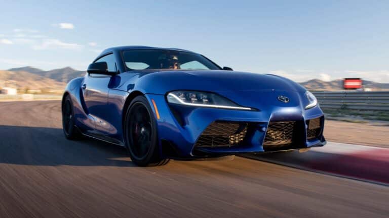 2026 Toyota GR Supra 3.0 Premium in Stratosphere blue, front three-quarter view