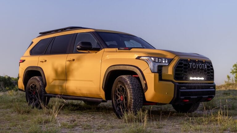 2027 Toyota Sequoia TRD Pro in yellow, front three-quarter view