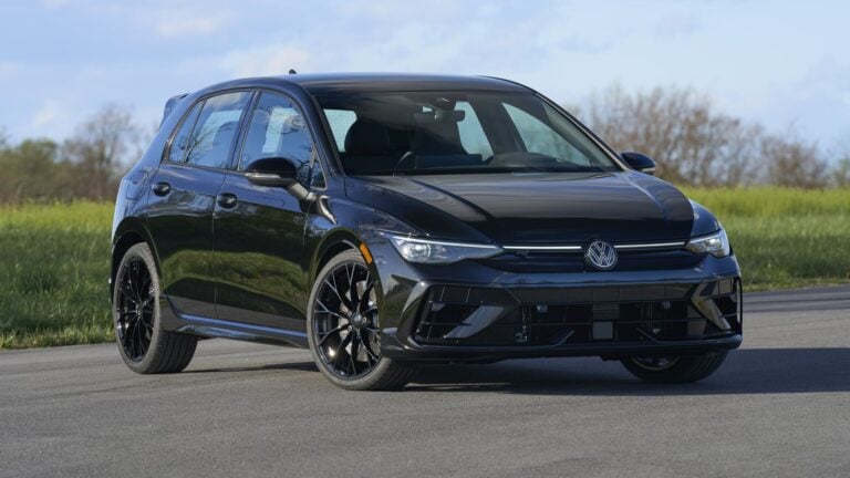 2026 Volkswagen Golf R Black Edition in Mythos Black Metallic, front three-quarter view