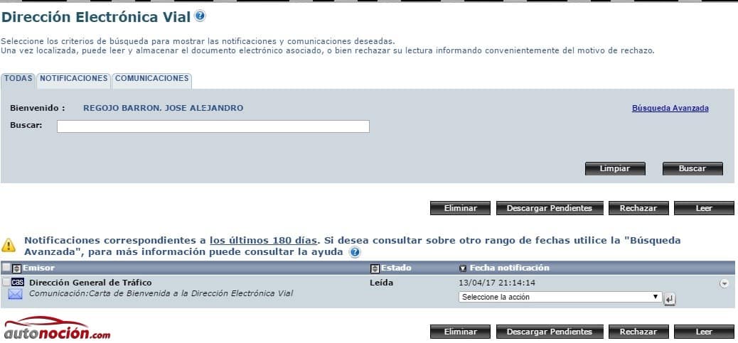 Pantalla de configuración de la dirección electrónica vial