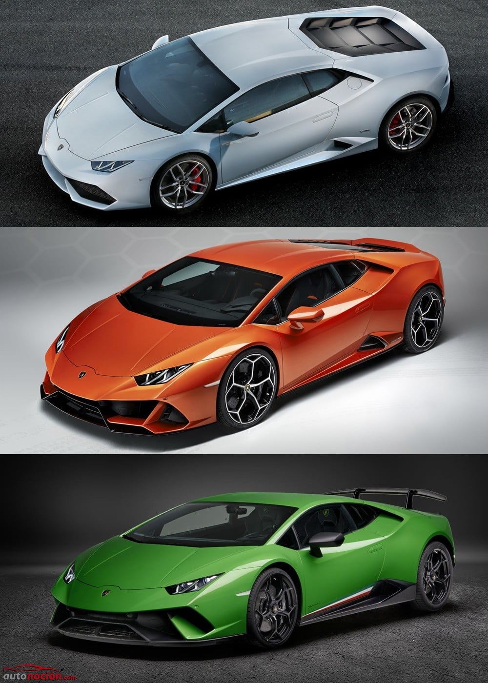 Comparativa visual Lamborghini Huracán vs. Huracán Evo vs. Huracán  Performante