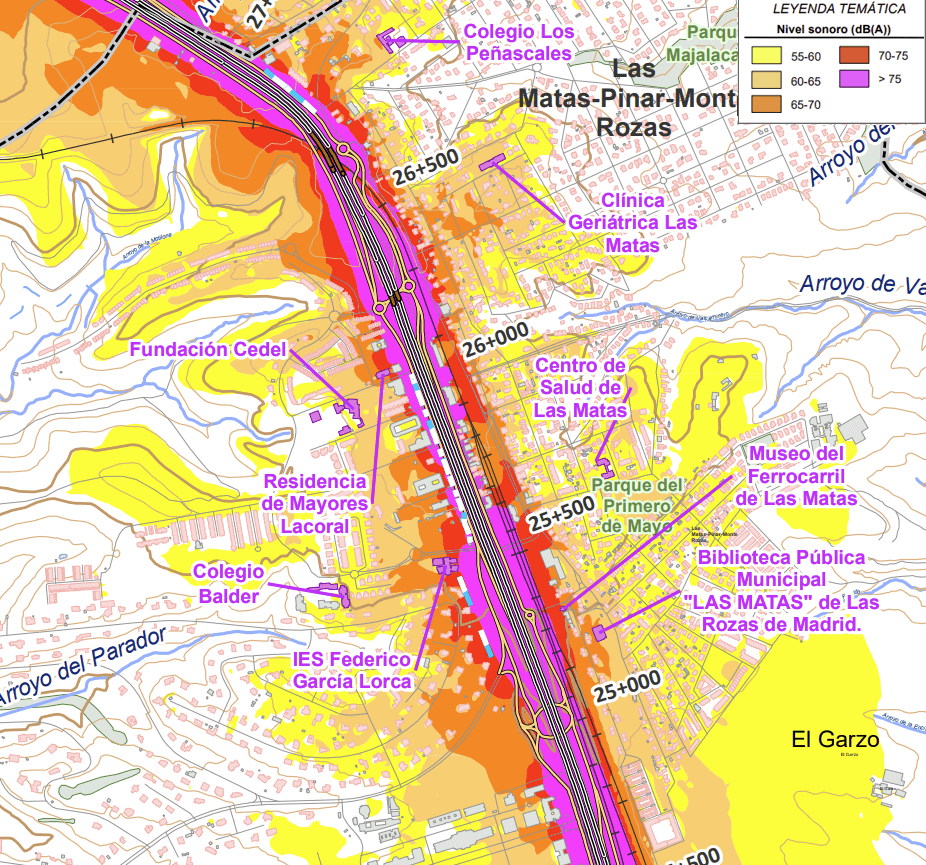 Mapa de ruido en el tramo de la A-6 de Las Matas 