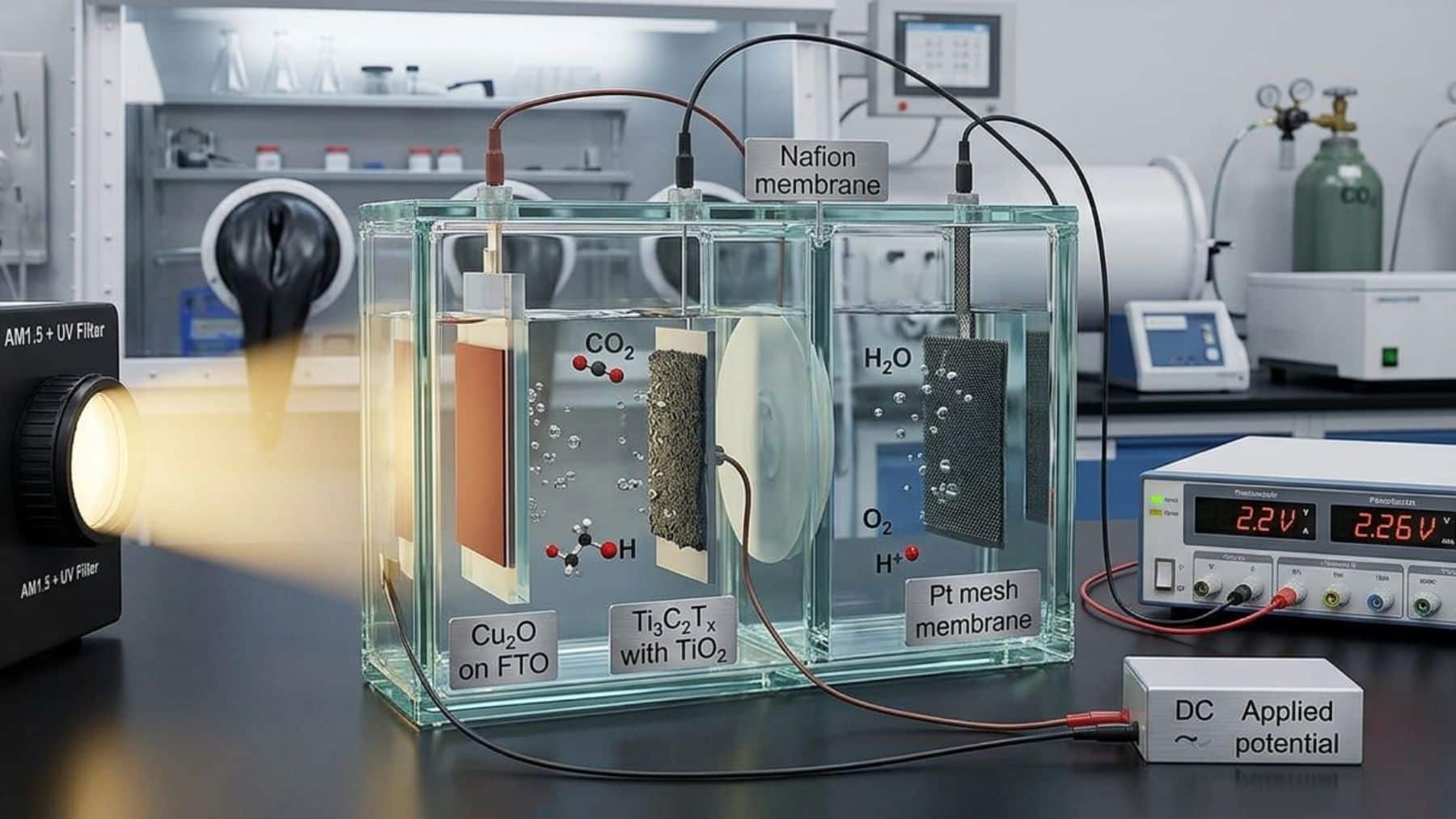 Un «sándwich» de tres capas para que el CO₂ se convierta en etanol sin corromperse en el agua: los checos lo han probado y funciona durante horas, y el siguiente paso es ponerlo al sol de verdad