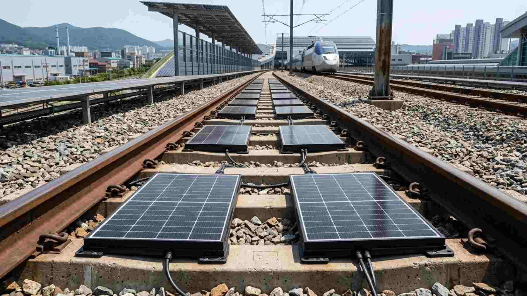 Ferrocarril y fotovoltaica comparten espacio en Corea del Sur: 28,4 km de vía apta, 39.760 m² de paneles flexibles, 8,51 MW instalables y 9,95 GWh al año. Sin batería se desperdicia el 17,8%; con 0,5 kWh/kW, solo el 8,5%