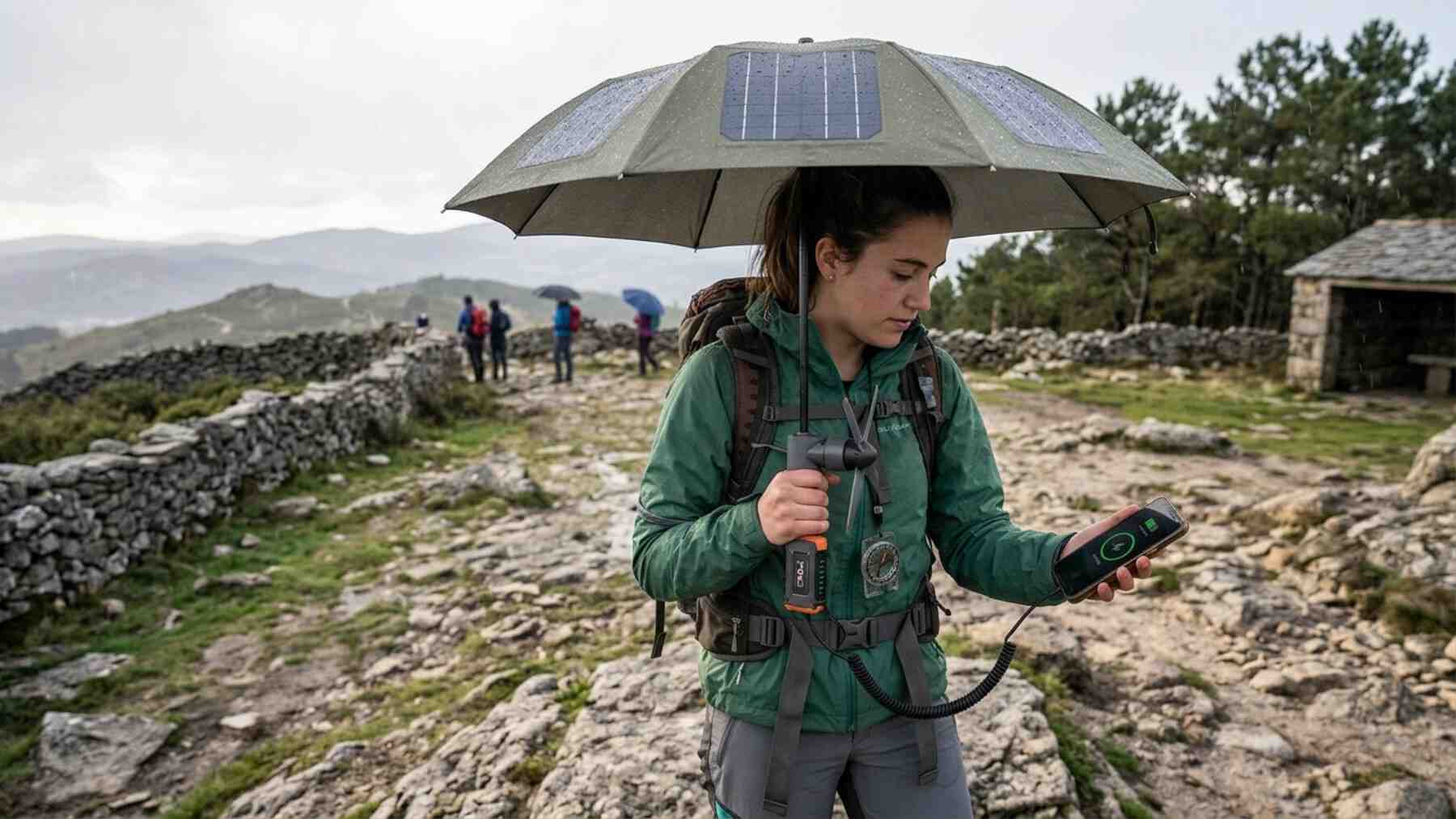Cargar el móvil mientras te proteges del sol o la lluvia: el paraguas solar de Victoria García Moreno integra paneles impermeables, batería en el mango y USB-C